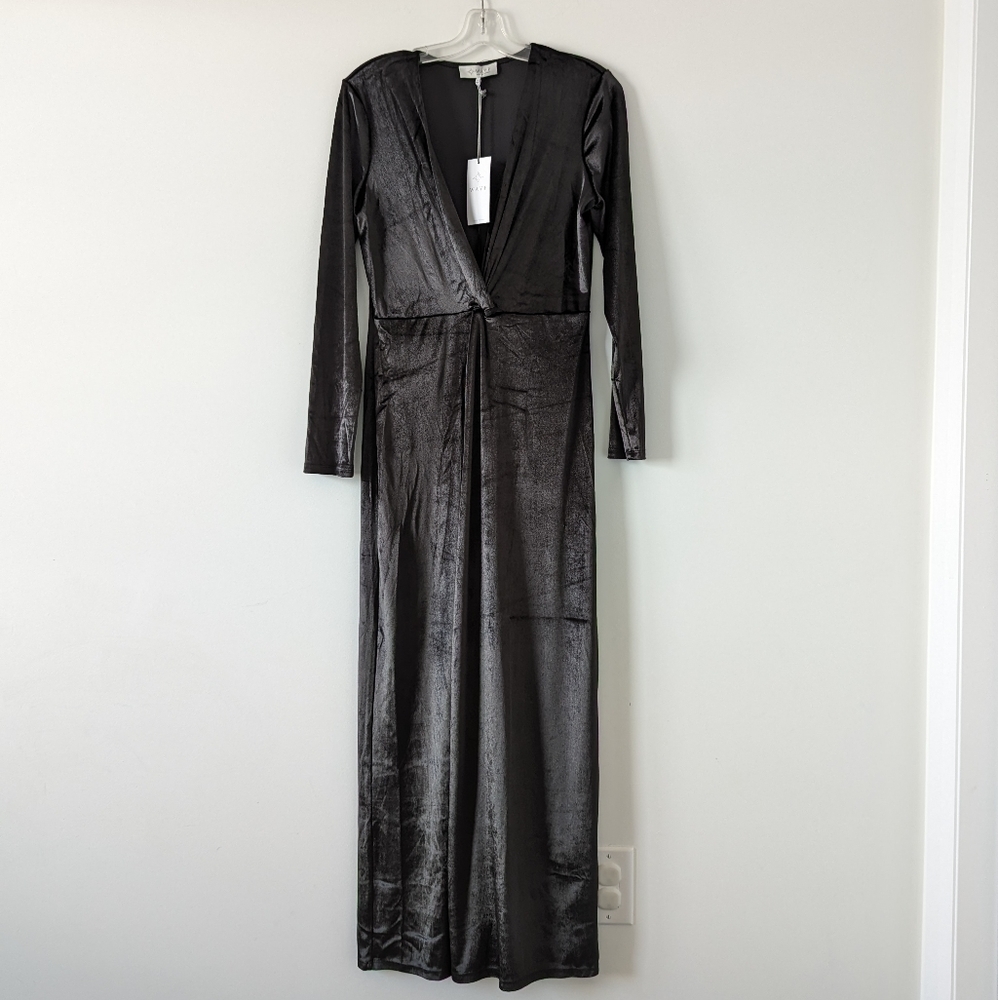 Wayf Metallic Black Long Sleeve Wrap Maxi Evening Dress Size L Deep V Neck